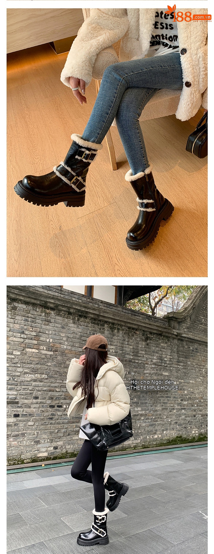 Boot tuyết nữ cổ thấp đế dày phong cách Anh, có khóa thắt lưng, lót lông ấm — màu đen chi tiết 11