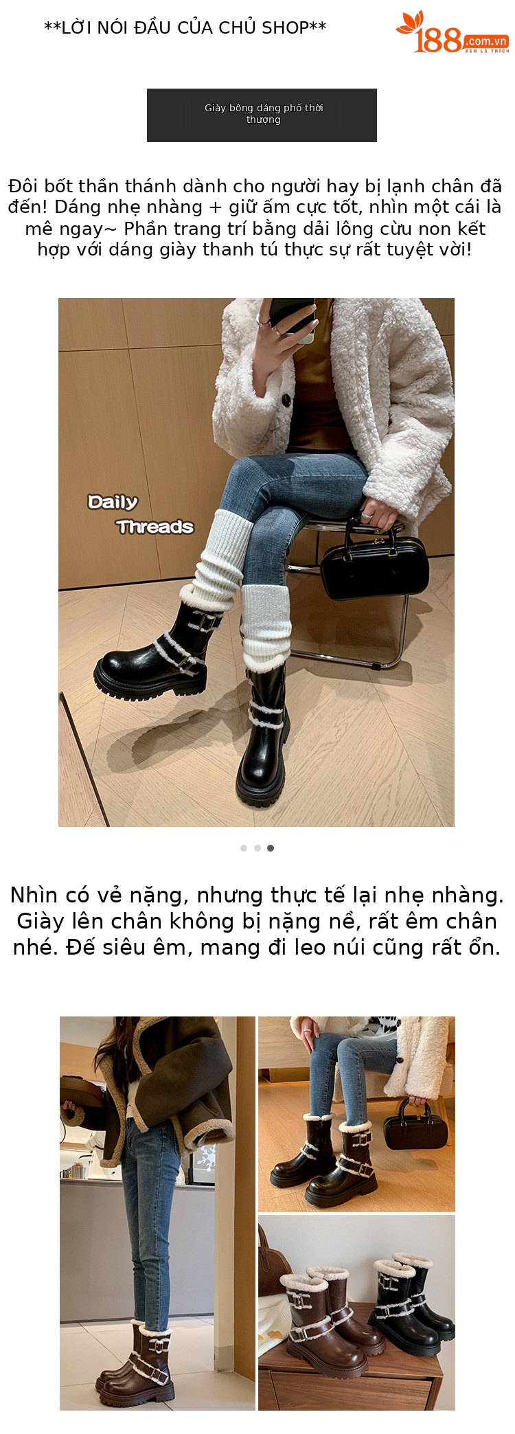Boot tuyết nữ cổ thấp đế dày phong cách Anh, có khóa thắt lưng, lót lông ấm — màu đen chi tiết 3