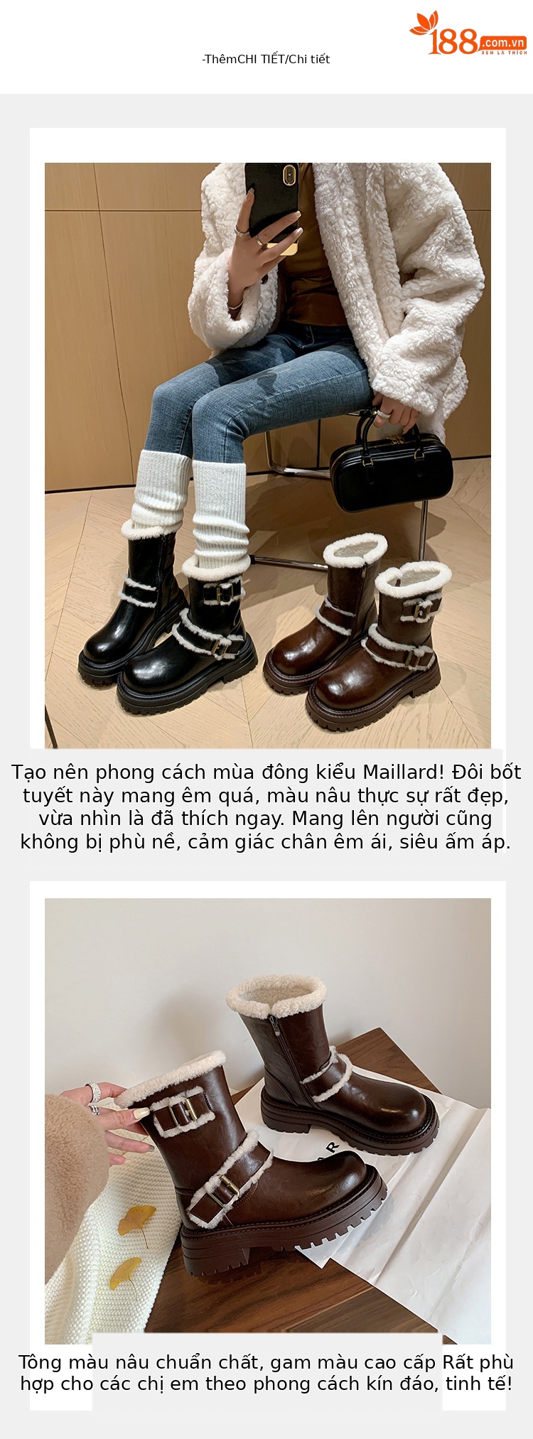 Boot tuyết nữ cổ thấp đế dày phong cách Anh, có khóa thắt lưng, lót lông ấm — màu đen chi tiết 5