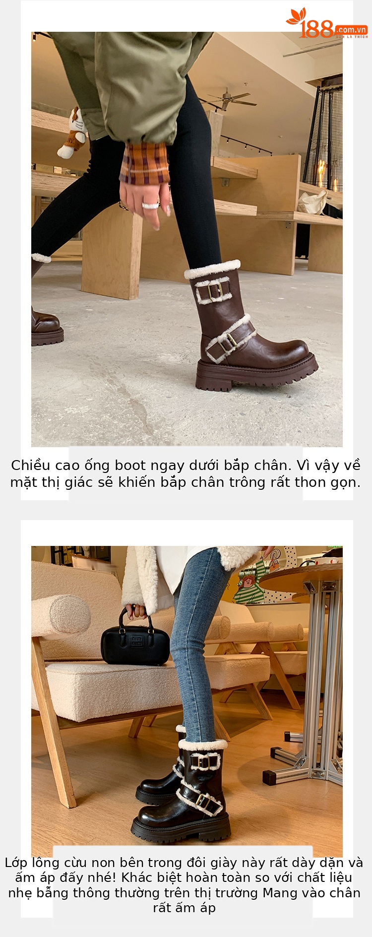 Boot tuyết nữ cổ thấp đế dày phong cách Anh, có khóa thắt lưng, lót lông ấm — màu đen chi tiết 8
