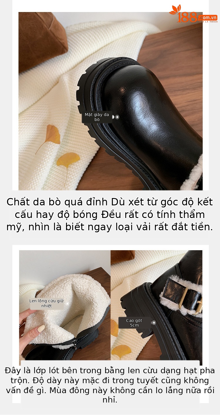 Boot tuyết nữ cổ thấp đế dày phong cách Anh, có khóa thắt lưng, lót lông ấm — màu đen chi tiết 10