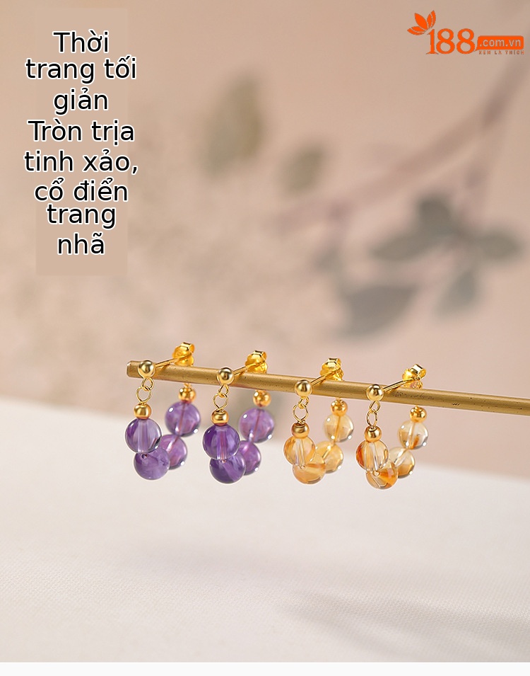 Bông tai tròn bạc S925 mạ vàng đính đá pha lê thạch anh tím — Mô hình thạch anh tím chi tiết 1