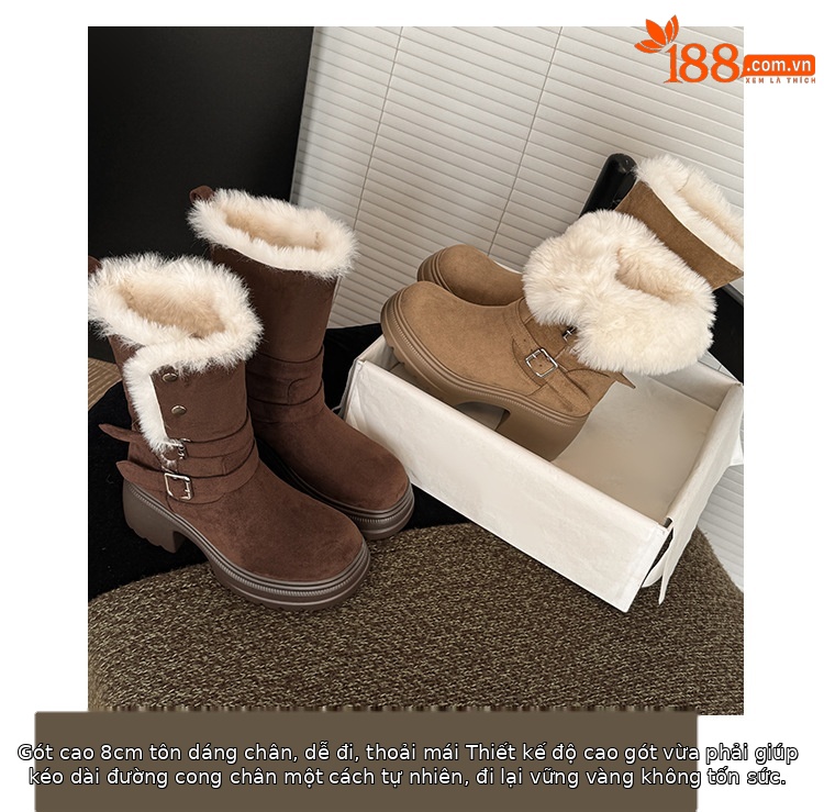 Boot nữ denim đế dày cổ trung lót lông giữ ấm, hai kiểu phối — màu nâu chi tiết 6