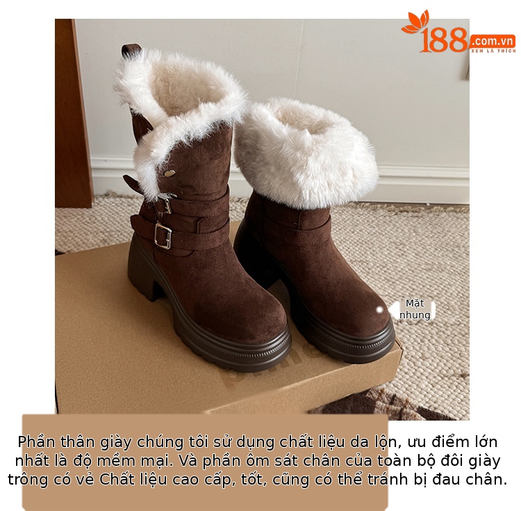 Boot nữ denim đế dày cổ trung lót lông giữ ấm, hai kiểu phối — màu nâu chi tiết 7