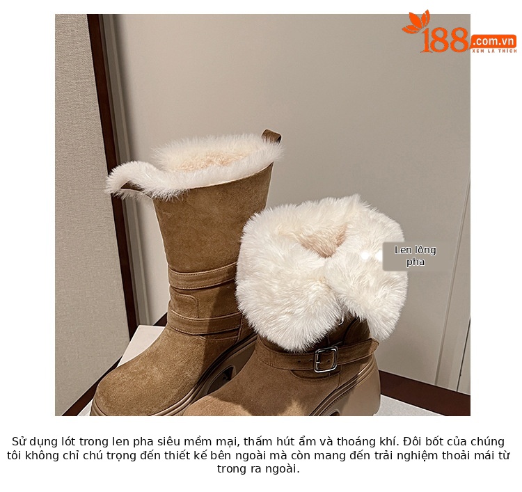 Boot nữ denim đế dày cổ trung lót lông giữ ấm, hai kiểu phối — màu nâu chi tiết 8