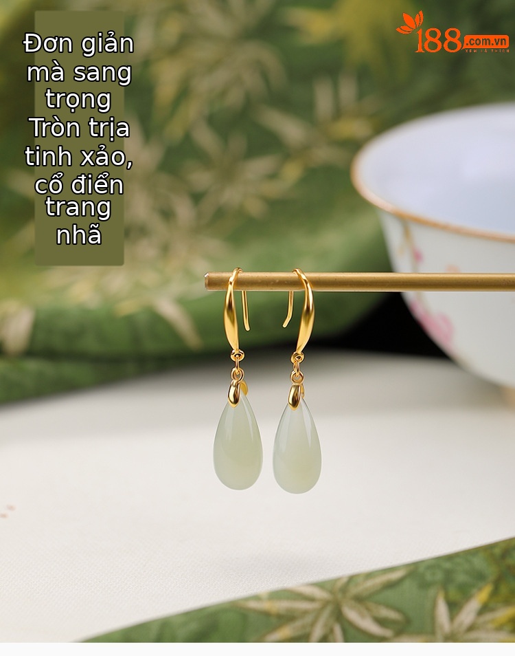 Bông tai nữ bạc S925 đính ngọc Hetian tự nhiên giọt nước retro — Một cặp chi tiết 1