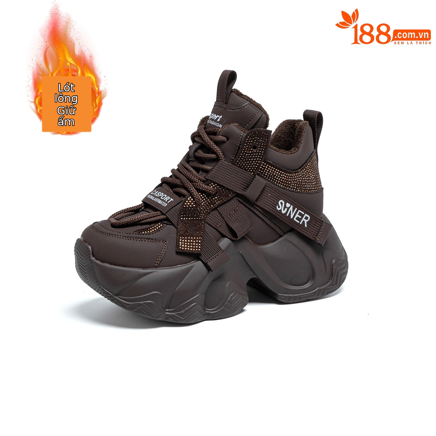 Giày sneaker nữ chunky đế dày tăng chiều cao 8cm, đính đá pha lê, dây buộc thời trang — M2991 lót đơn màu đen, M2991-1 plus nhung nâu, M2991 lót đơn màu xám, M2991-1 plus nhung xám