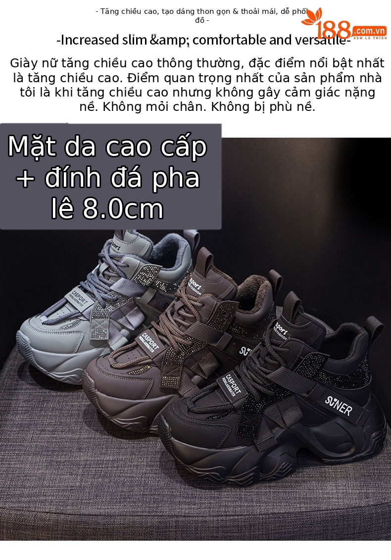Giày sneaker nữ chunky đế dày tăng chiều cao 8cm, đính đá pha lê, dây buộc thời trang — M2991 lót đơn màu đen, M2991-1 plus nhung nâu, M2991 lót đơn màu xám, M2991-1 plus nhung xám chi tiết 2