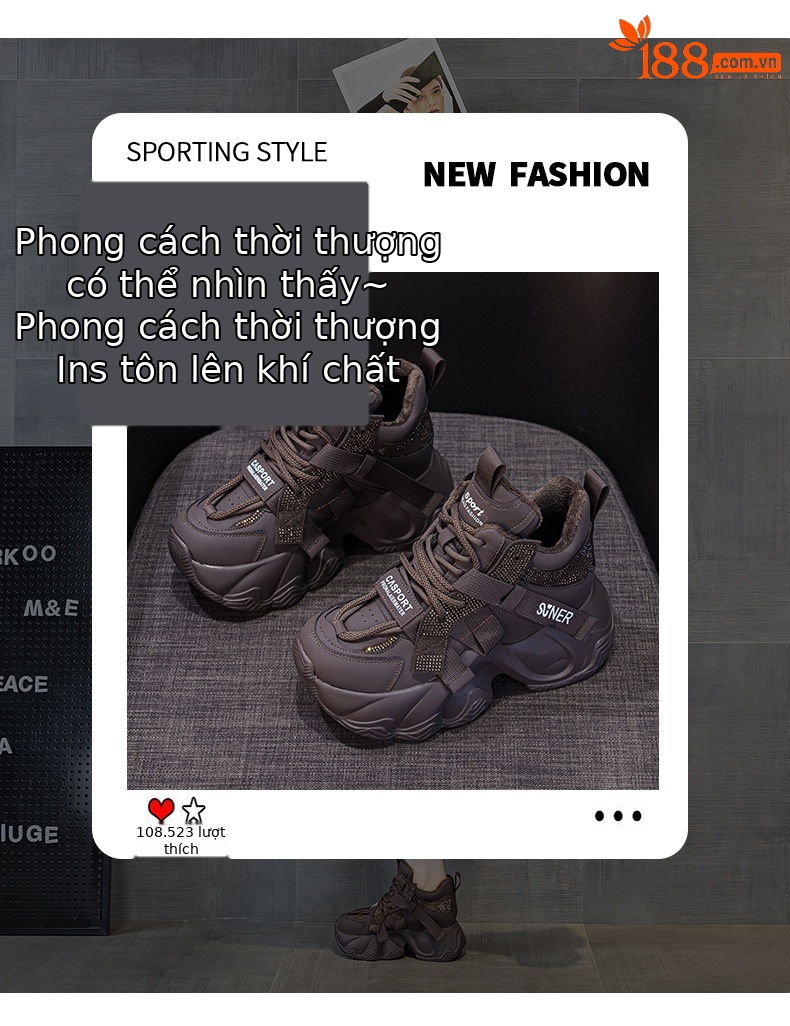 Giày sneaker nữ chunky đế dày tăng chiều cao 8cm, đính đá pha lê, dây buộc thời trang — M2991 lót đơn màu đen, M2991-1 plus nhung nâu, M2991 lót đơn màu xám, M2991-1 plus nhung xám chi tiết 3