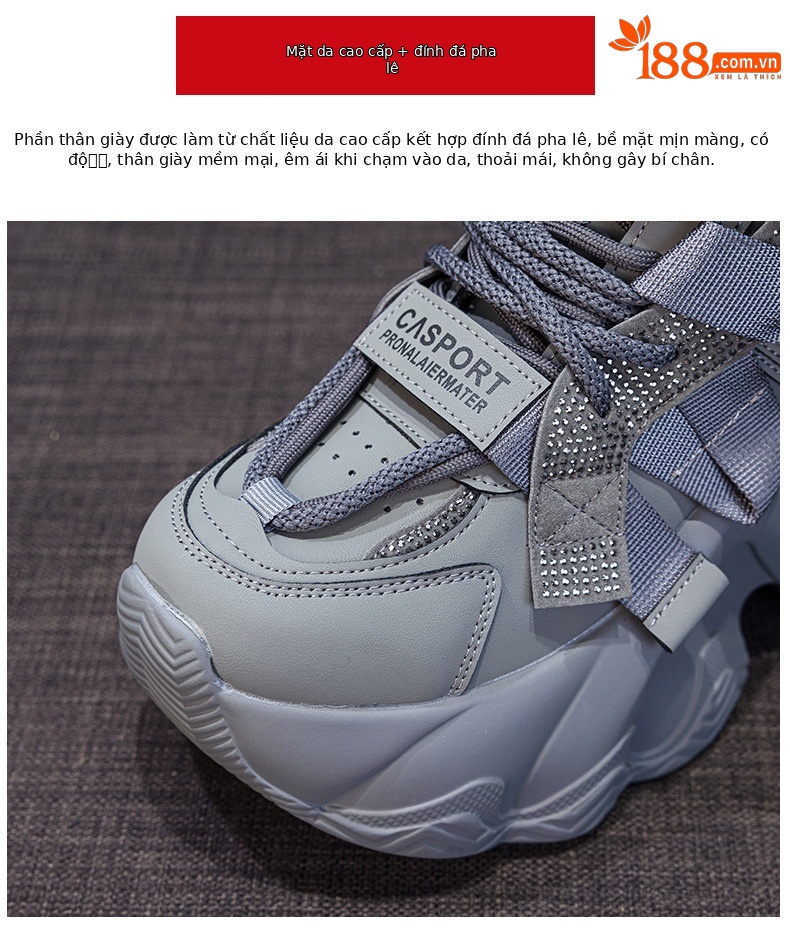 Giày sneaker nữ chunky đế dày tăng chiều cao 8cm, đính đá pha lê, dây buộc thời trang — M2991 lót đơn màu đen, M2991-1 plus nhung nâu, M2991 lót đơn màu xám, M2991-1 plus nhung xám chi tiết 7