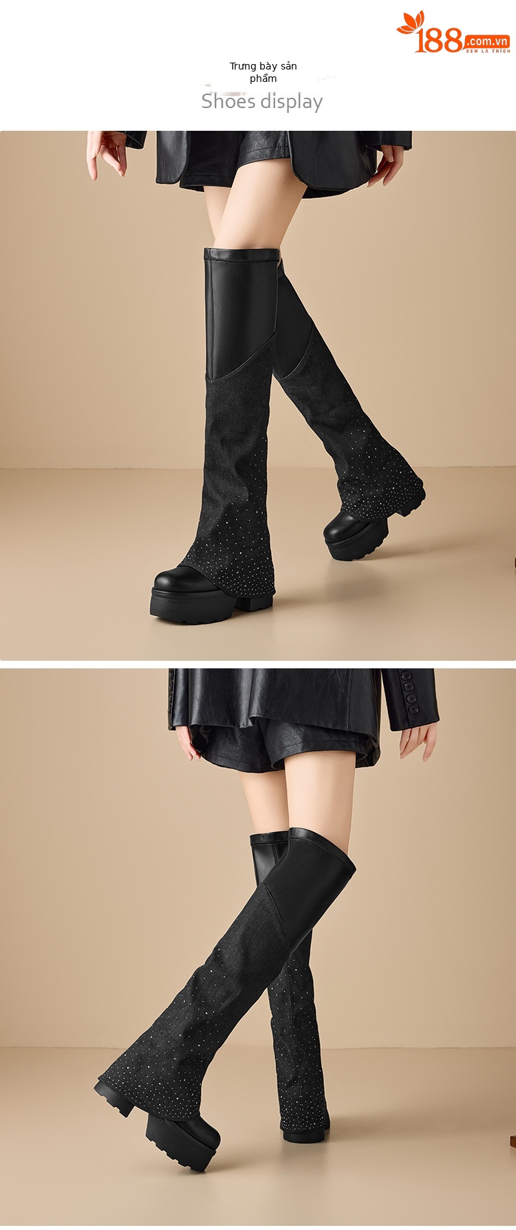 Boot nữ cổ cao quá gối đế dày 12 cm mũi tròn chất nhung đen đính đá dài — nhung đen chi tiết 2