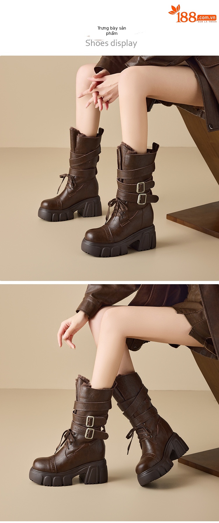 Boot cổ trung nữ gót vuông 10cm phong cách biker khóa thắt lưng — nhung nâu chi tiết 2