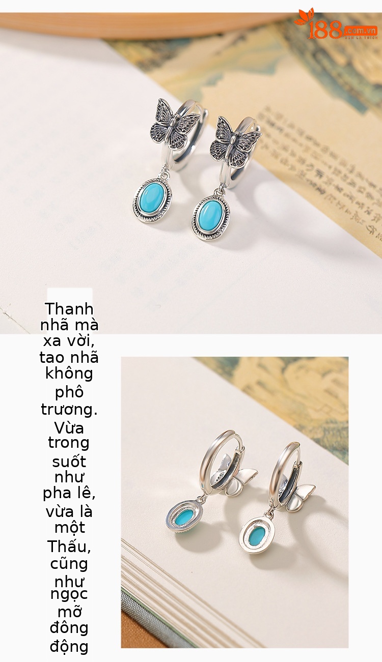 Bông tai bạc S925 mặt đá mắt mèo đỏ Nam, ngọc lam, kiểu retro cổ điển, mặt trứng bướm — Ngọc lam chi tiết 3