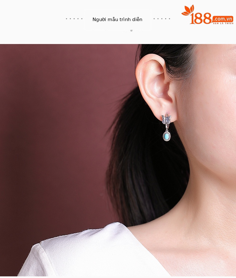 Bông tai bạc S925 mặt đá mắt mèo đỏ Nam, ngọc lam, kiểu retro cổ điển, mặt trứng bướm — Ngọc lam chi tiết 5