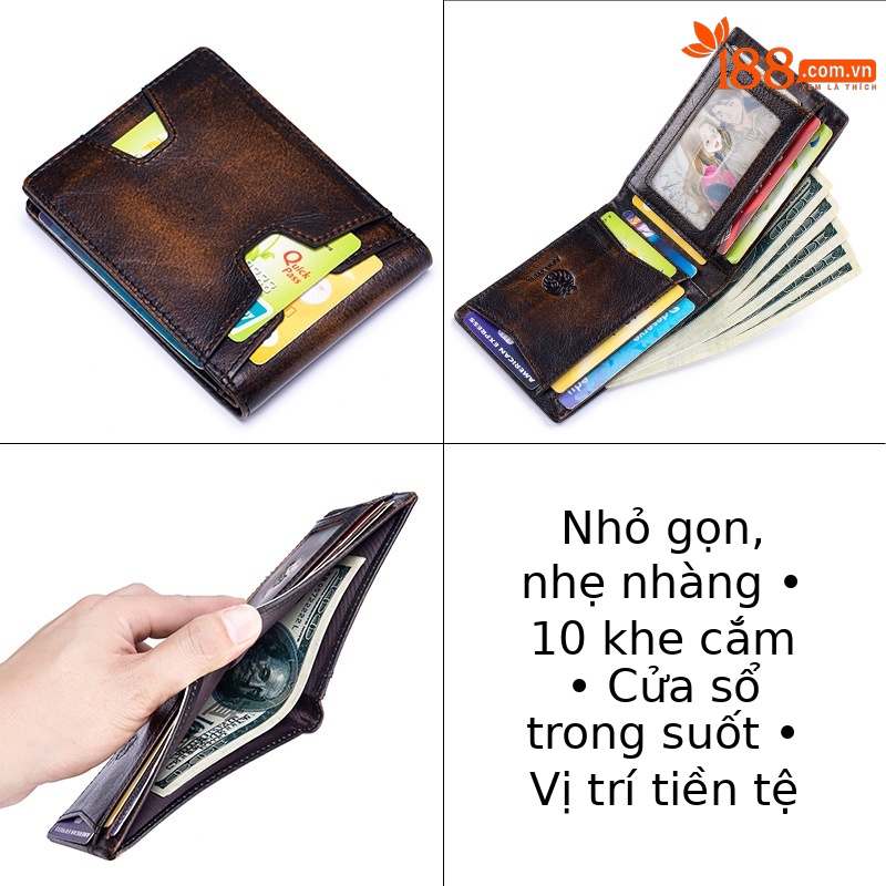 Ví nam ngắn da bò thật chống trộm RFID cổ điển — Cà phê xát, Màu nâu, màu nâu đỏ, màu đen