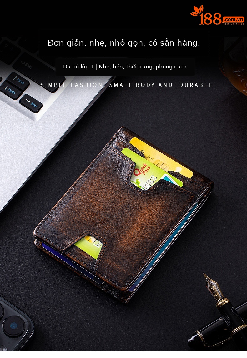 Ví nam ngắn da bò thật chống trộm RFID cổ điển — Cà phê xát, Màu nâu, màu nâu đỏ, màu đen chi tiết 2