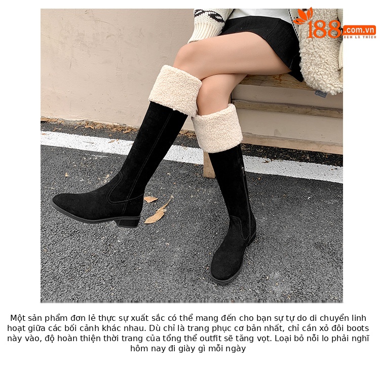 Boot nữ cổ cao ôm chân da bò lộn gót dày hai lớp lông — màu nâu chi tiết 4