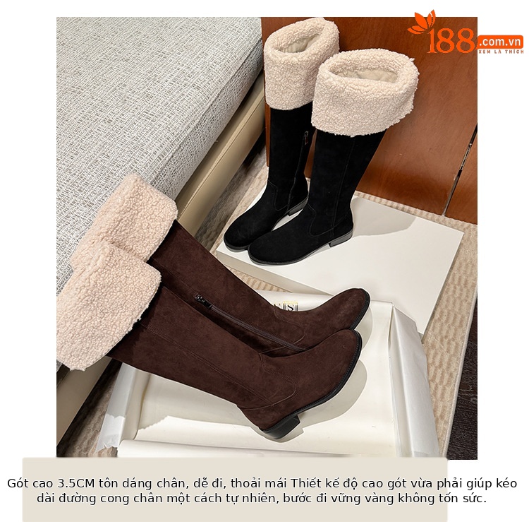 Boot nữ cổ cao ôm chân da bò lộn gót dày hai lớp lông — màu nâu chi tiết 6