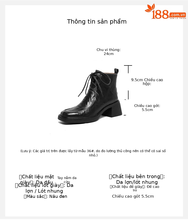 Boot nữ mũi vuông dây buộc da dê cao gót cổ ngắn lót nhung — Lớp lót nhung đen chi tiết 4