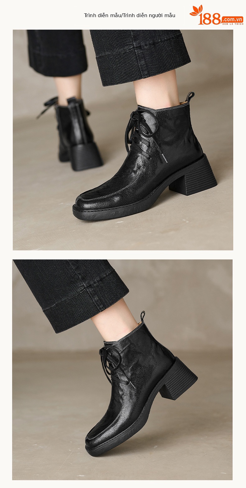 Boot nữ mũi vuông dây buộc da dê cao gót cổ ngắn lót nhung — Lớp lót nhung đen chi tiết 5