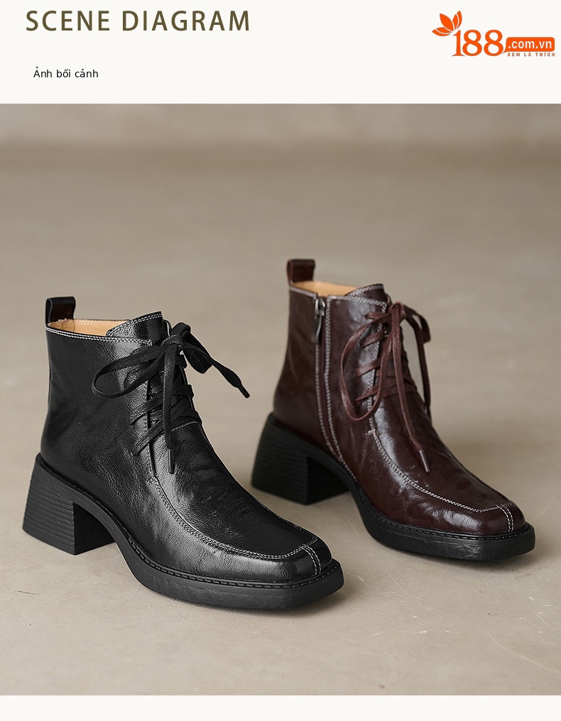 Boot nữ mũi vuông dây buộc da dê cao gót cổ ngắn lót nhung — Lớp lót nhung đen chi tiết 12