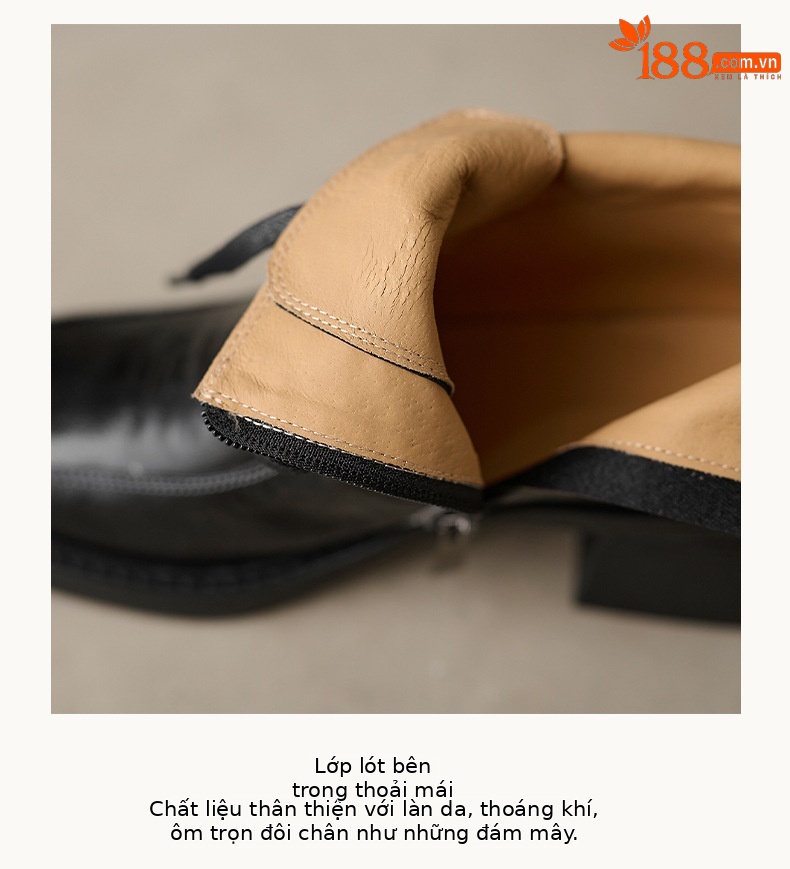 Boot nữ mũi vuông dây buộc da dê cao gót cổ ngắn lót nhung — Lớp lót nhung đen chi tiết 18