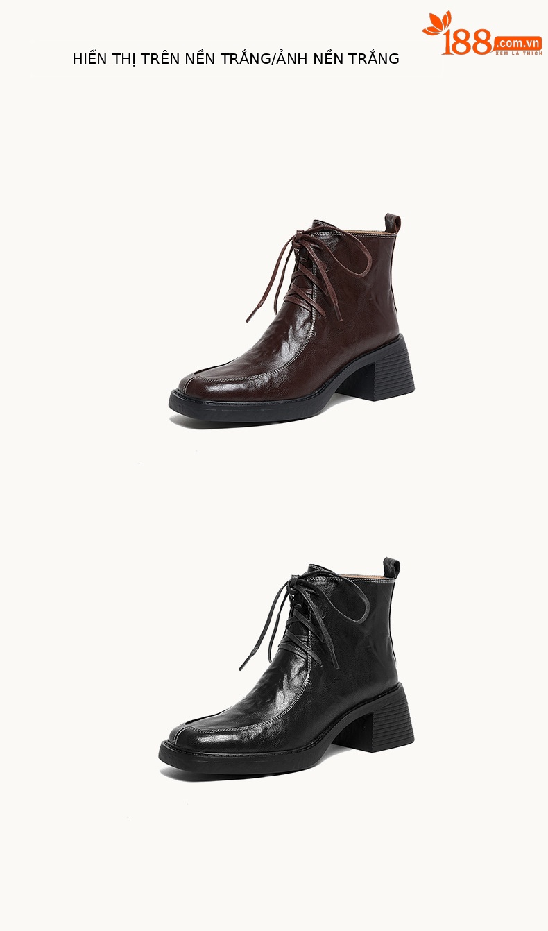 Boot nữ mũi vuông dây buộc da dê cao gót cổ ngắn lót nhung — Lớp lót nhung đen chi tiết 19