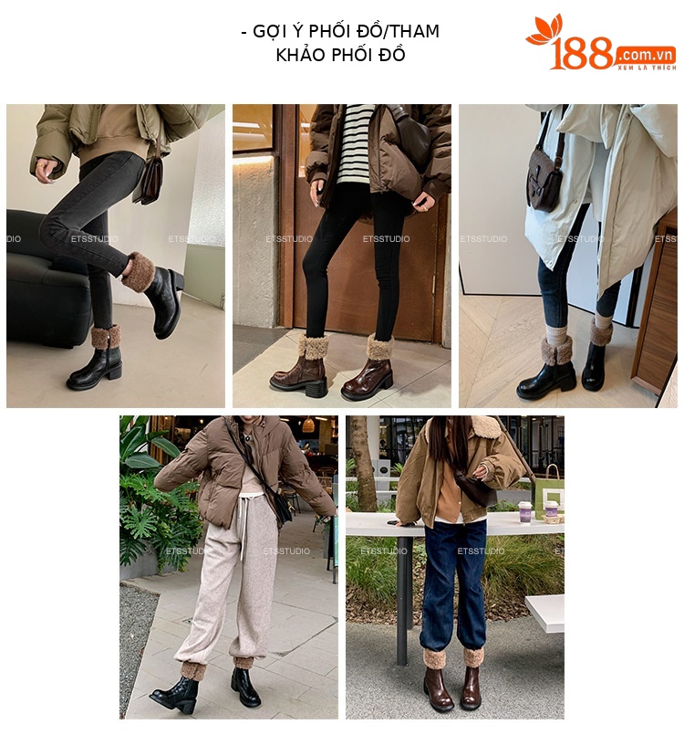 Boot nữ mũi tròn cổ ngắn lót lông giữ ấm gót cao — màu đen chi tiết 4