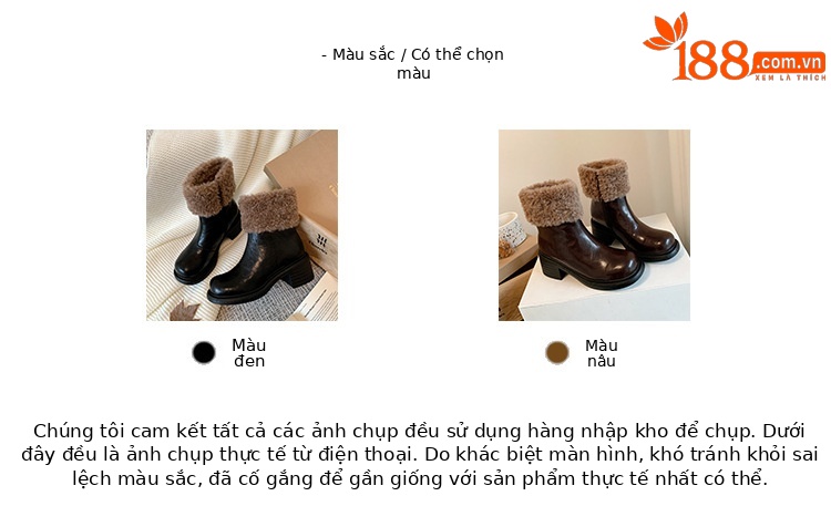 Boot nữ mũi tròn cổ ngắn lót lông giữ ấm gót cao — màu đen chi tiết 5