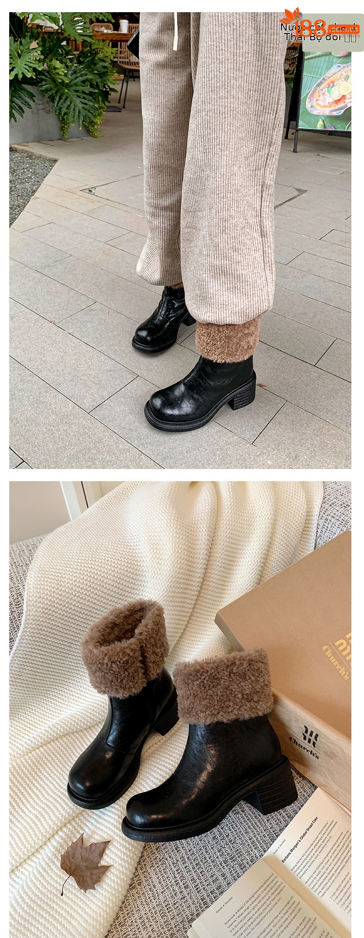 Boot nữ mũi tròn cổ ngắn lót lông giữ ấm gót cao — màu đen chi tiết 20