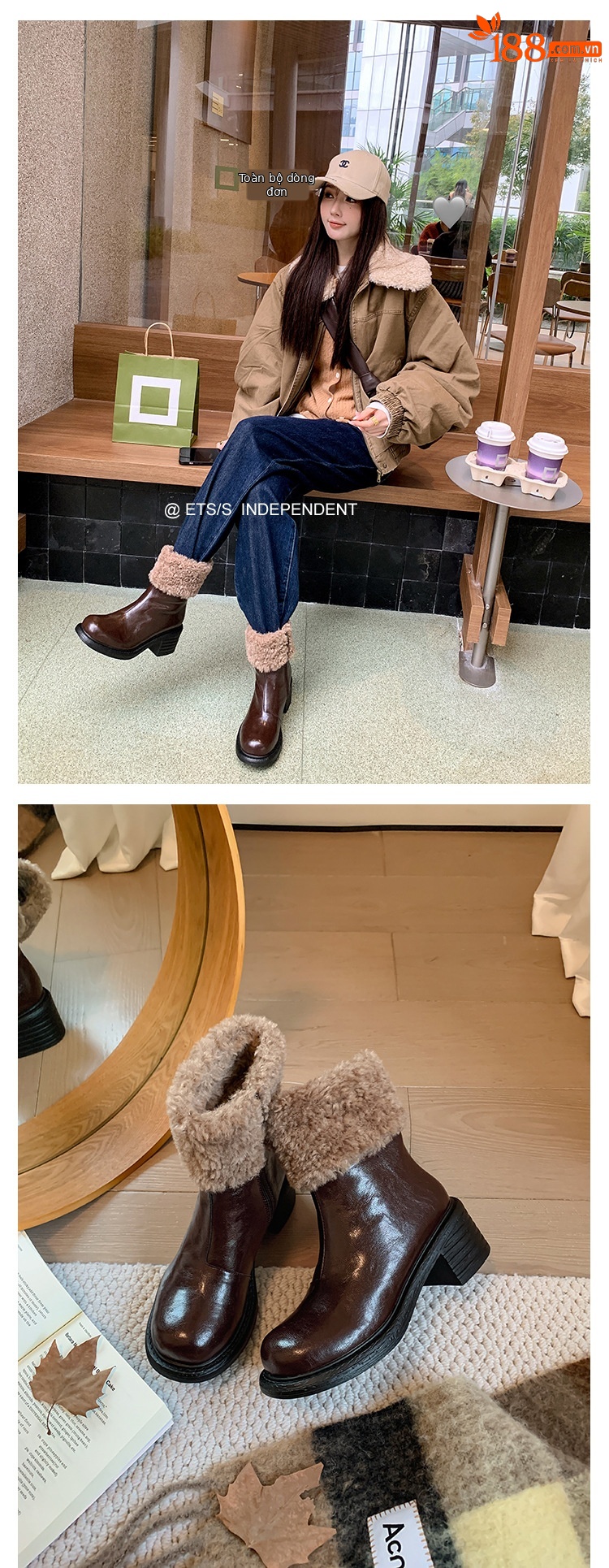 Boot nữ mũi tròn cổ ngắn lót lông giữ ấm gót cao — màu đen chi tiết 25