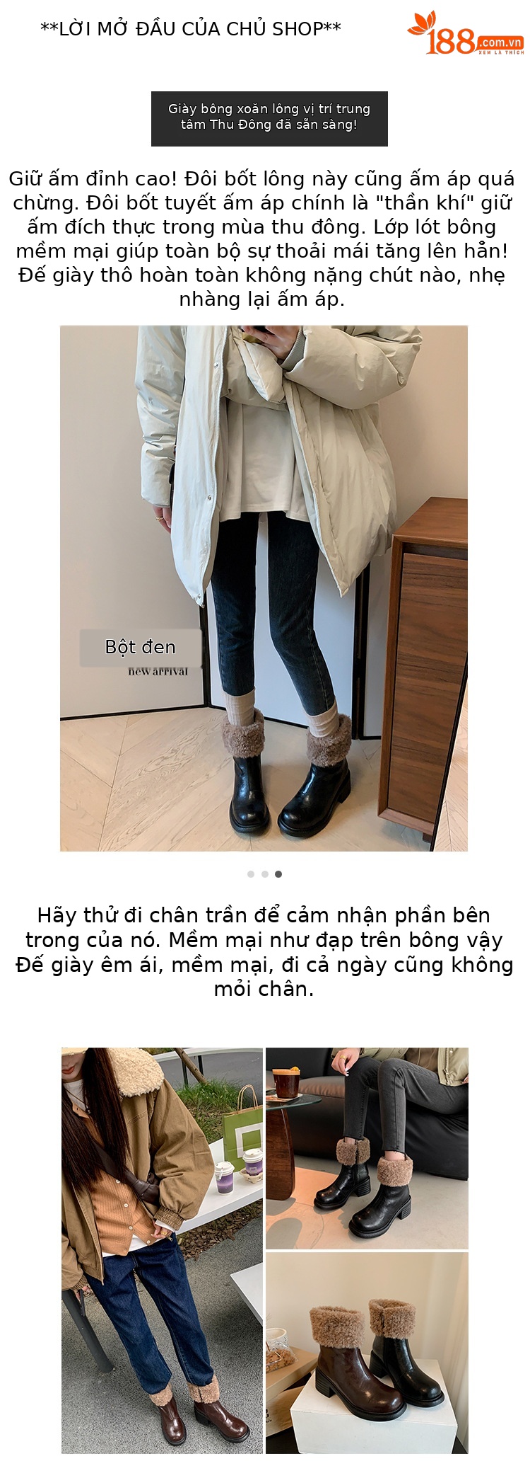 Boot nữ mũi tròn cổ ngắn lót lông giữ ấm gót cao — màu đen chi tiết 3