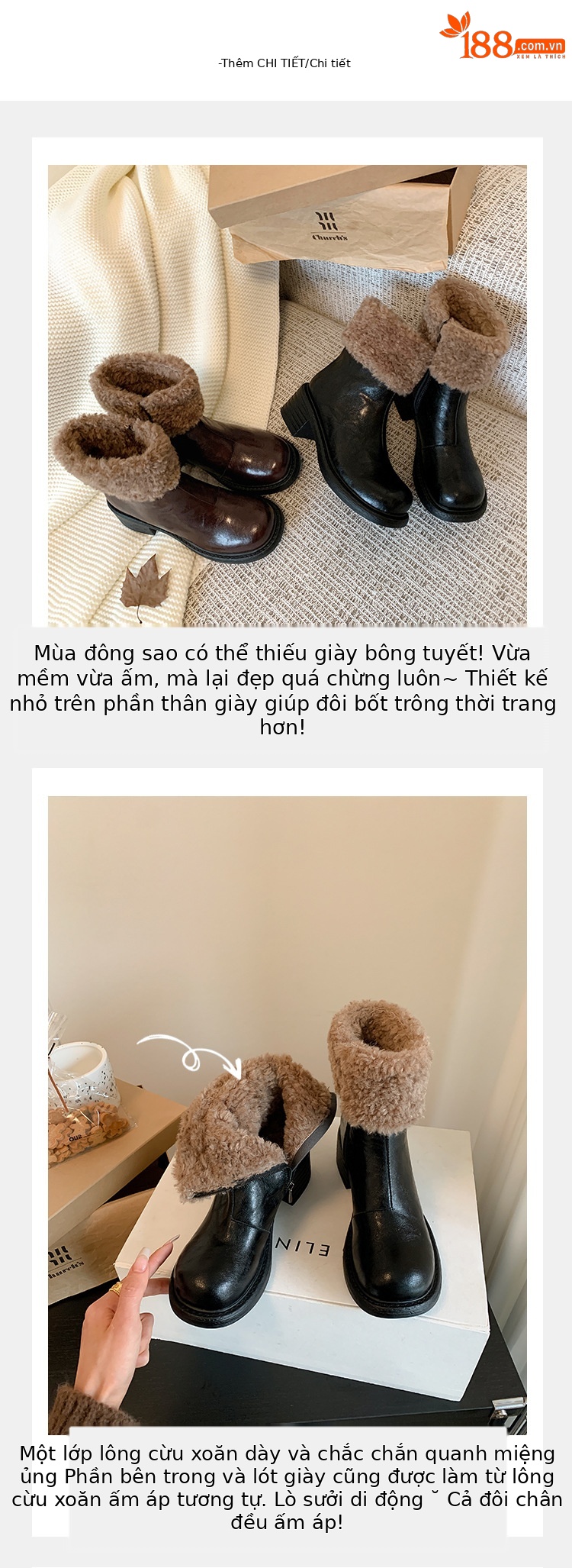 Boot nữ mũi tròn cổ ngắn lót lông giữ ấm gót cao — màu đen chi tiết 6