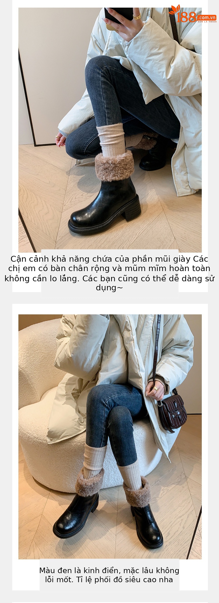 Boot nữ mũi tròn cổ ngắn lót lông giữ ấm gót cao — màu đen chi tiết 7