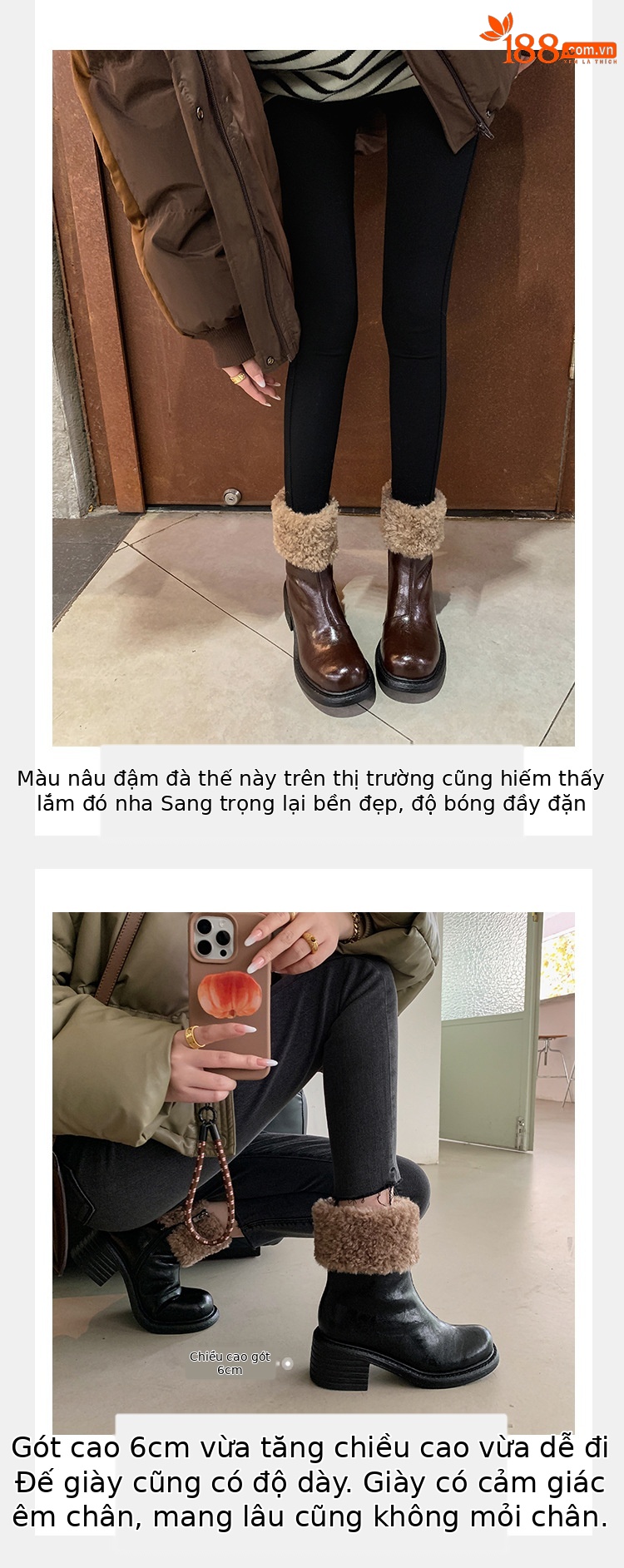 Boot nữ mũi tròn cổ ngắn lót lông giữ ấm gót cao — màu đen chi tiết 8