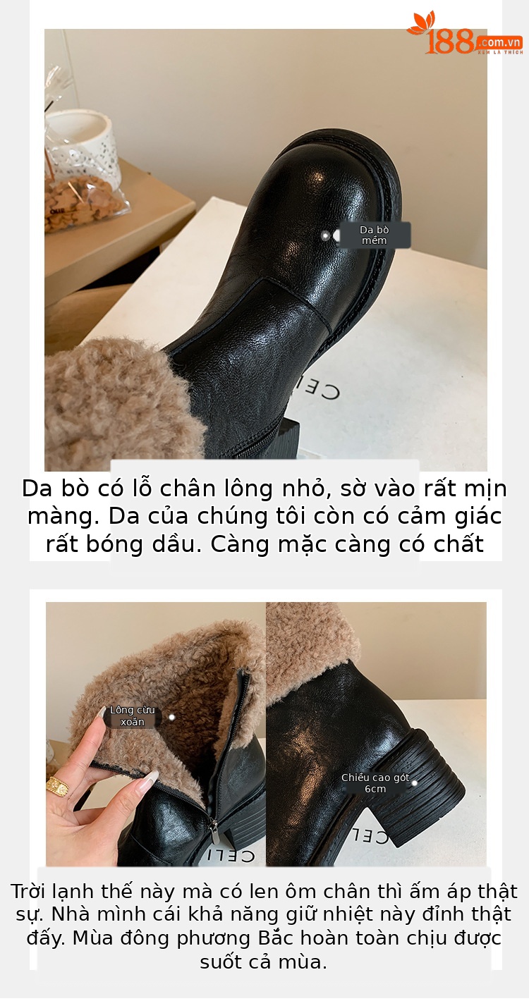 Boot nữ mũi tròn cổ ngắn lót lông giữ ấm gót cao — màu đen chi tiết 10