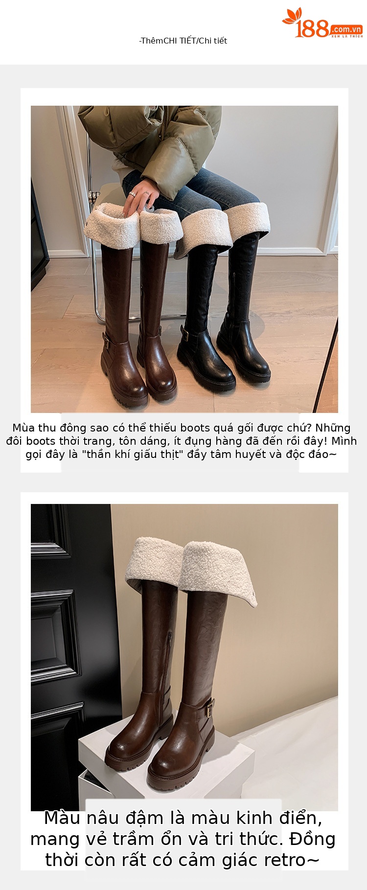 Boot nữ cổ cao qua gối hai lớp gấp gọn, lót lông cừu ấm áp, phong cách hiệp sĩ — màu đen chi tiết 5