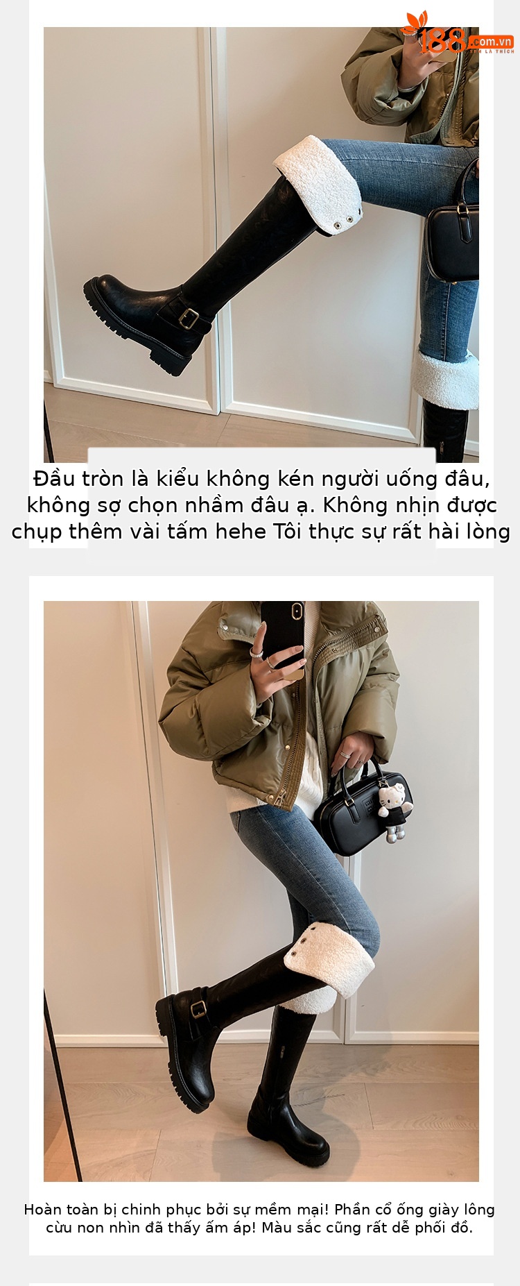Boot nữ cổ cao qua gối hai lớp gấp gọn, lót lông cừu ấm áp, phong cách hiệp sĩ — màu đen chi tiết 6