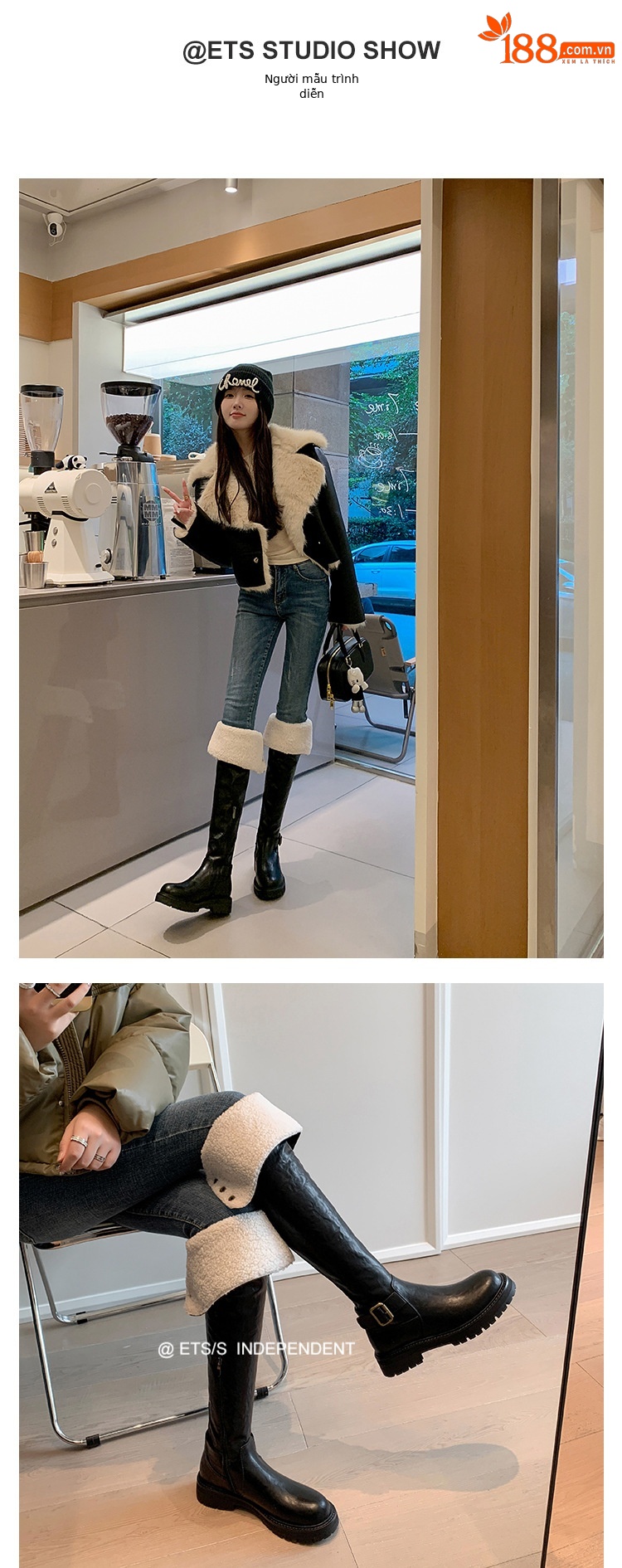 Boot nữ cổ cao qua gối hai lớp gấp gọn, lót lông cừu ấm áp, phong cách hiệp sĩ — màu đen chi tiết 10