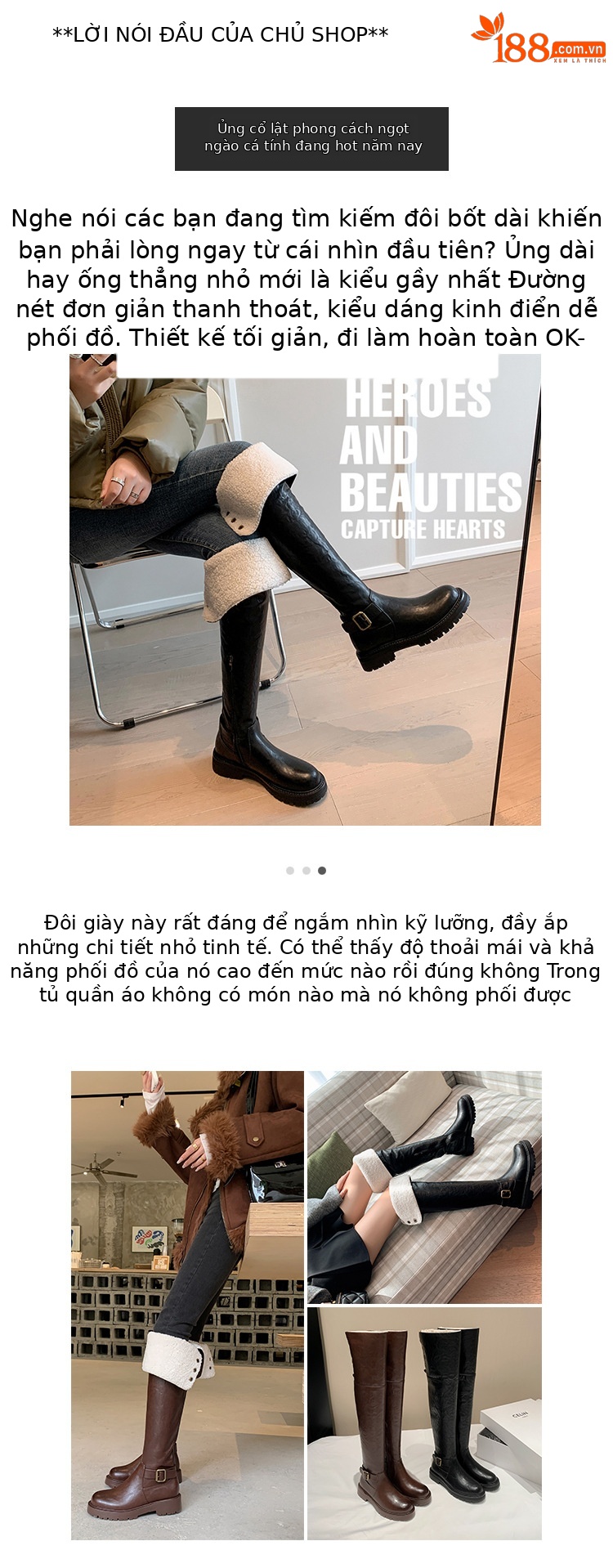 Boot nữ cổ cao qua gối hai lớp gấp gọn, lót lông cừu ấm áp, phong cách hiệp sĩ — màu đen chi tiết 3