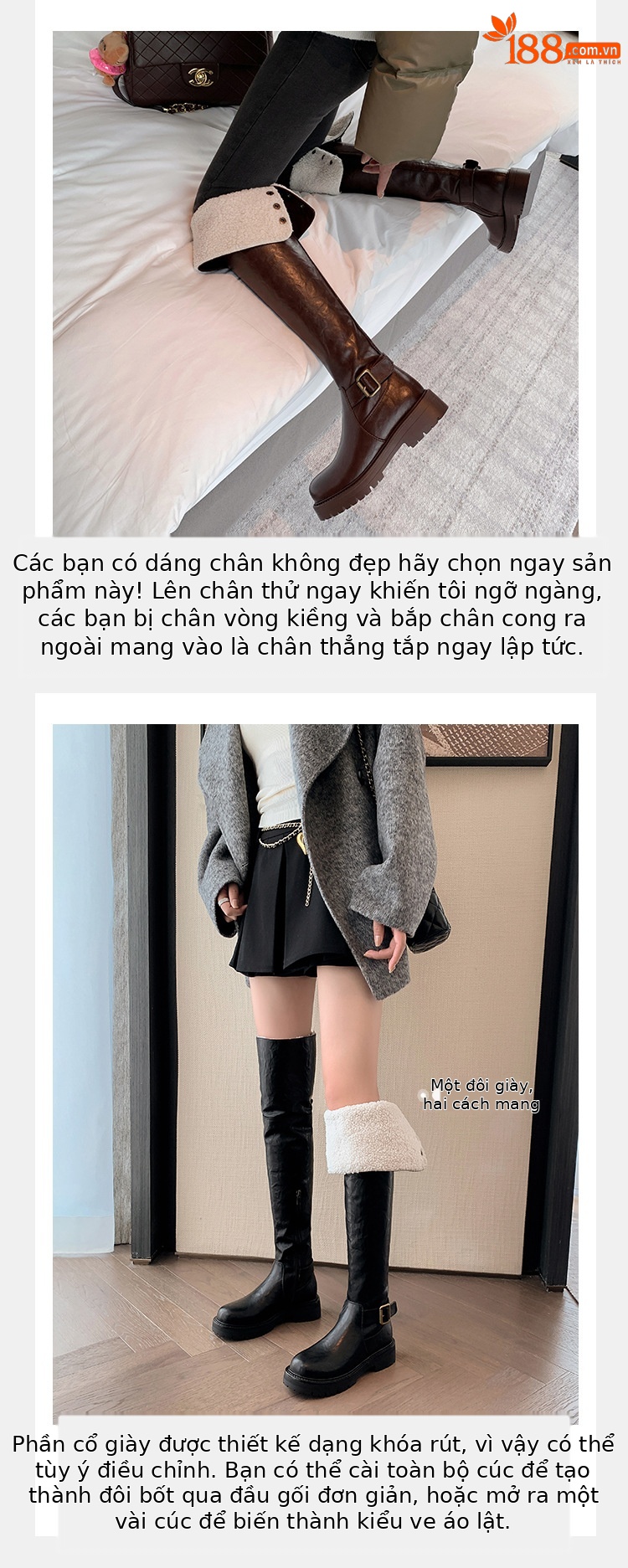Boot nữ cổ cao qua gối hai lớp gấp gọn, lót lông cừu ấm áp, phong cách hiệp sĩ — màu đen chi tiết 7