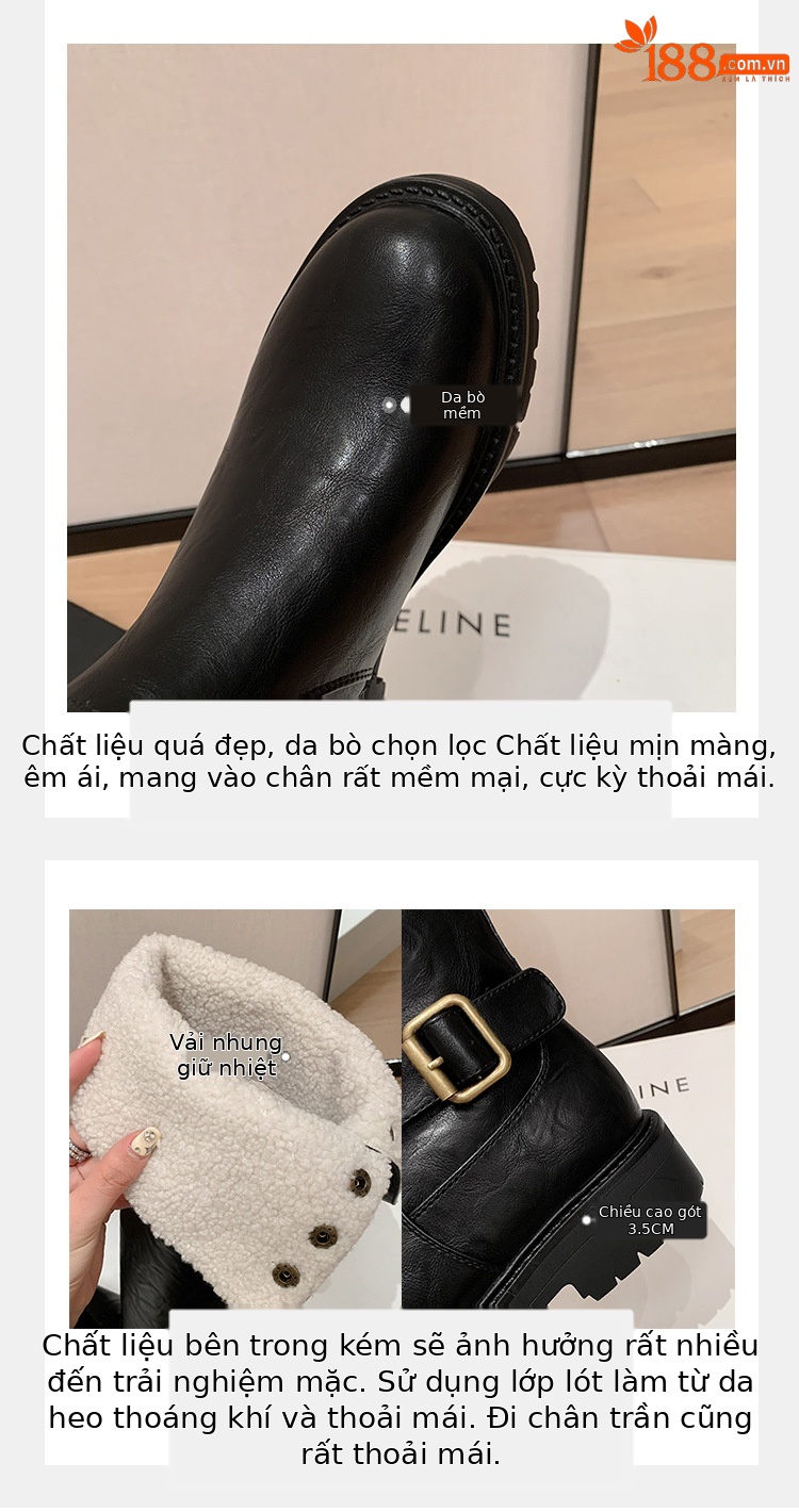 Boot nữ cổ cao qua gối hai lớp gấp gọn, lót lông cừu ấm áp, phong cách hiệp sĩ — màu đen chi tiết 9