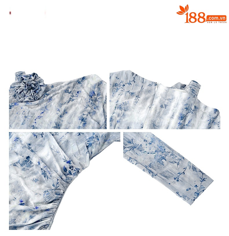 Đầm maxi nữ thắt eo dáng đuôi cá in họa tiết kiểu Pháp — than chì xanh chi tiết 2