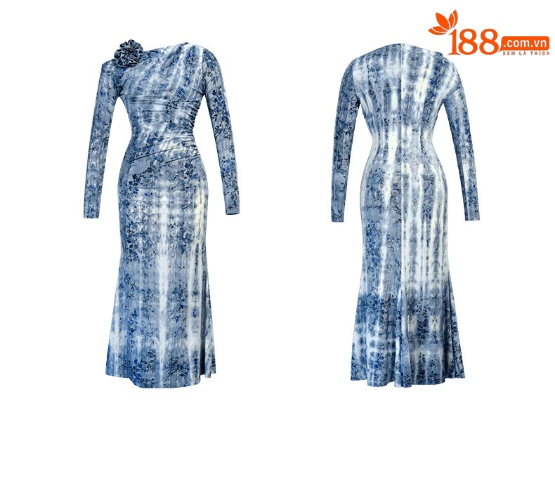 Đầm maxi nữ thắt eo dáng đuôi cá in họa tiết kiểu Pháp — than chì xanh chi tiết 3