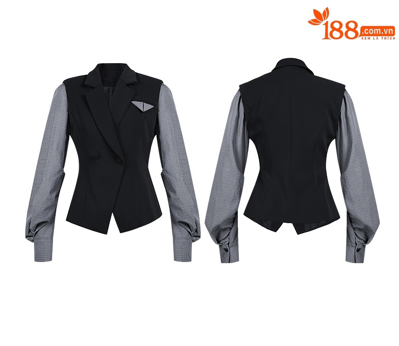 Áo vest nữ phối kẻ sọc kiểu Pháp, thiết kế eo thon, dáng công sở — màu đen chi tiết 3