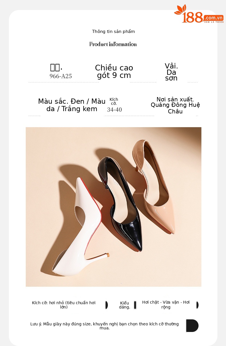 Giày cao gót nữ mũi nhọn da bóng, gót 9 cm — Màu nude-9cm chi tiết 3