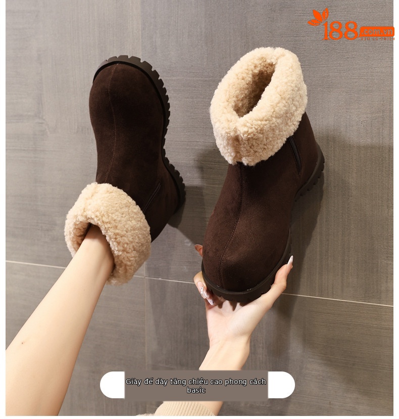 Boot nữ cổ cao lót lông giữ ấm đế dày nâng chiều cao — nâu chi tiết 1