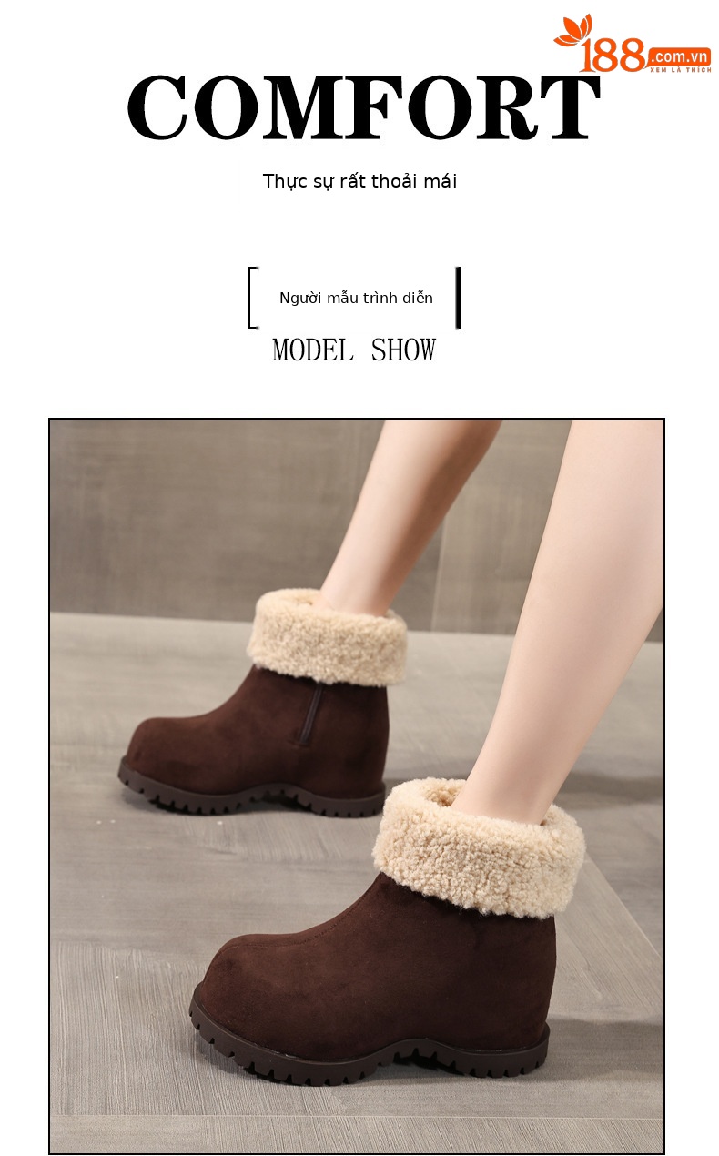 Boot nữ cổ cao lót lông giữ ấm đế dày nâng chiều cao — nâu chi tiết 9