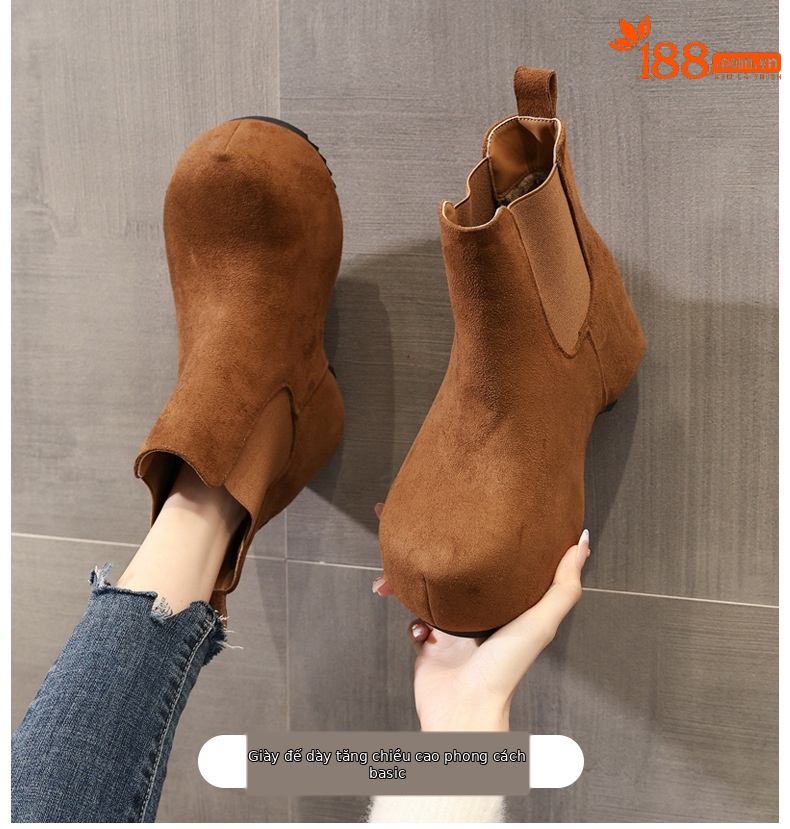 Boot Chelsea nữ cổ thun đế dày tăng chiều cao lót lông cừu mùa thu đông — Màu nâu chi tiết 1