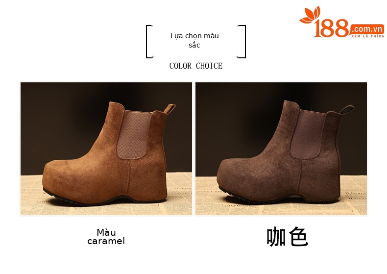 Boot Chelsea nữ cổ thun đế dày tăng chiều cao lót lông cừu mùa thu đông — Màu nâu chi tiết 2